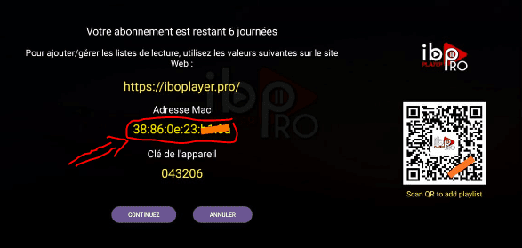 IBO Player setup screen displaying MAC address and Device Key, showing how to set up IPTV subscription on Smart TV
