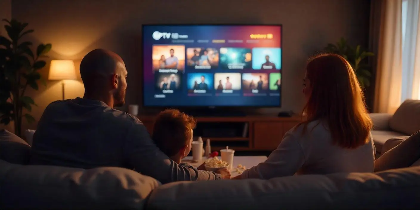 A happy family watching TV together at home, demonstrating how to set up IPTV subscription easily on a Smart TV